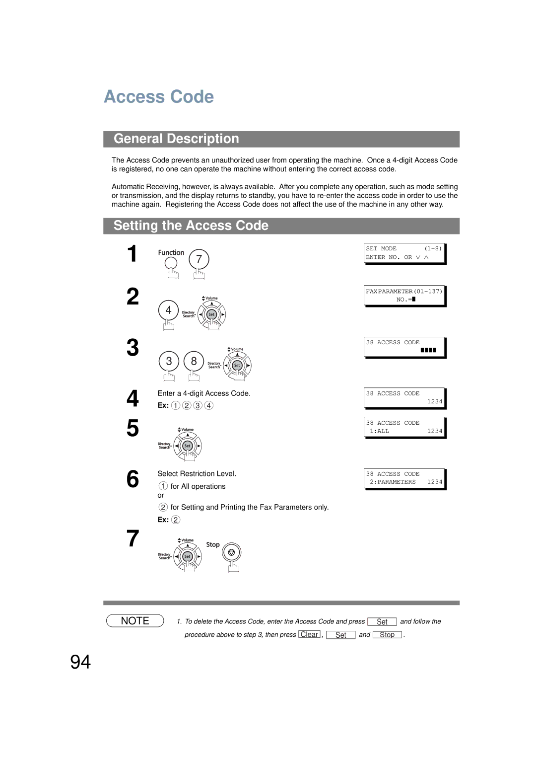 Panasonic UF-6200 operating instructions Setting the Access Code, Enter a 4-digit Access Code 