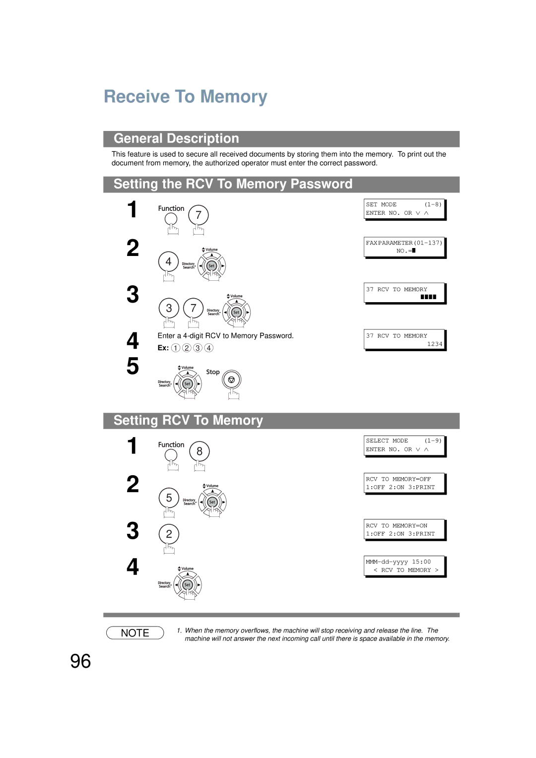 Panasonic UF-6200 operating instructions Receive To Memory, Setting the RCV To Memory Password, Setting RCV To Memory 