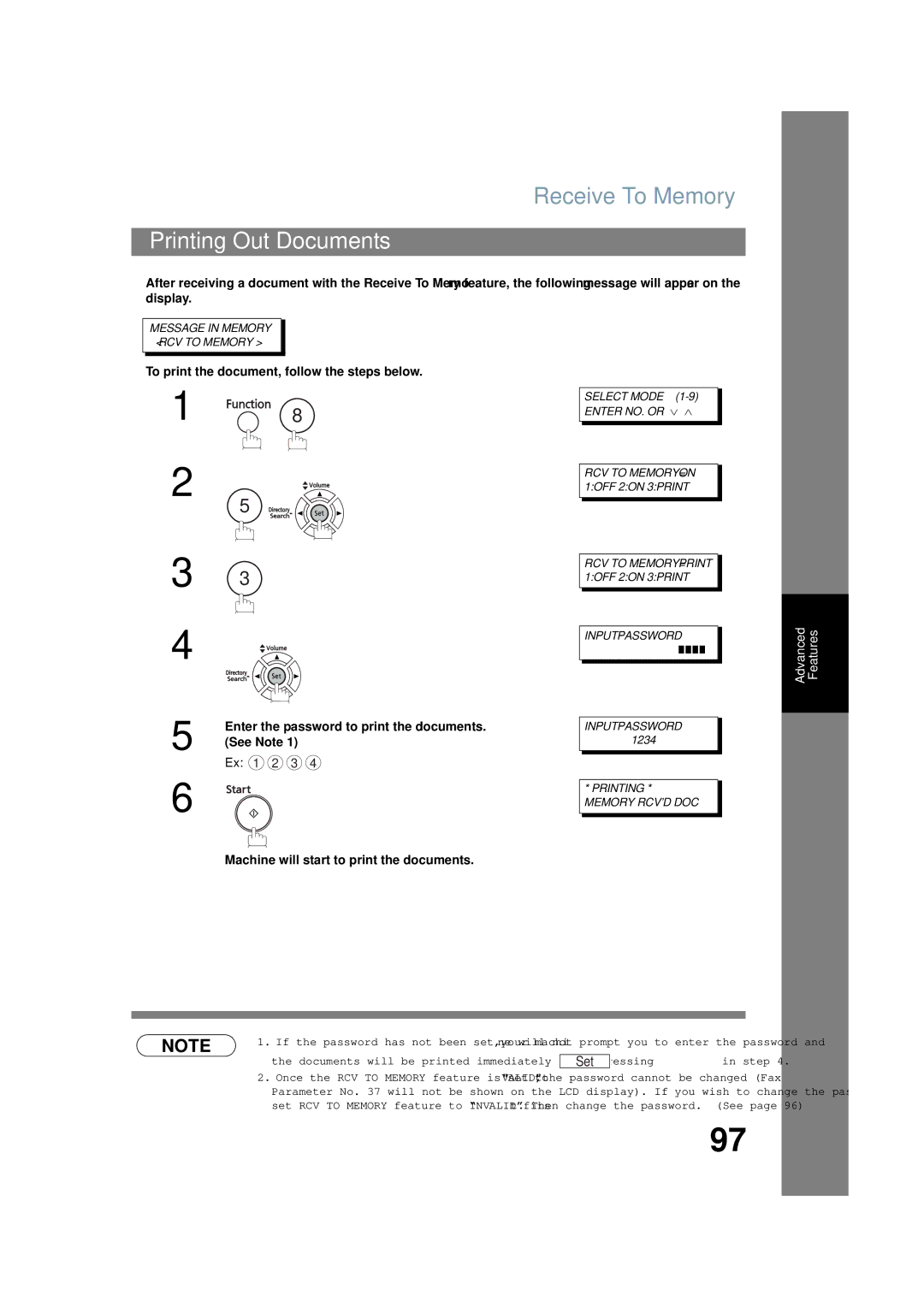 Panasonic UF-6200 Receive To Memory, Printing Out Documents, Machine will start to print the documents 