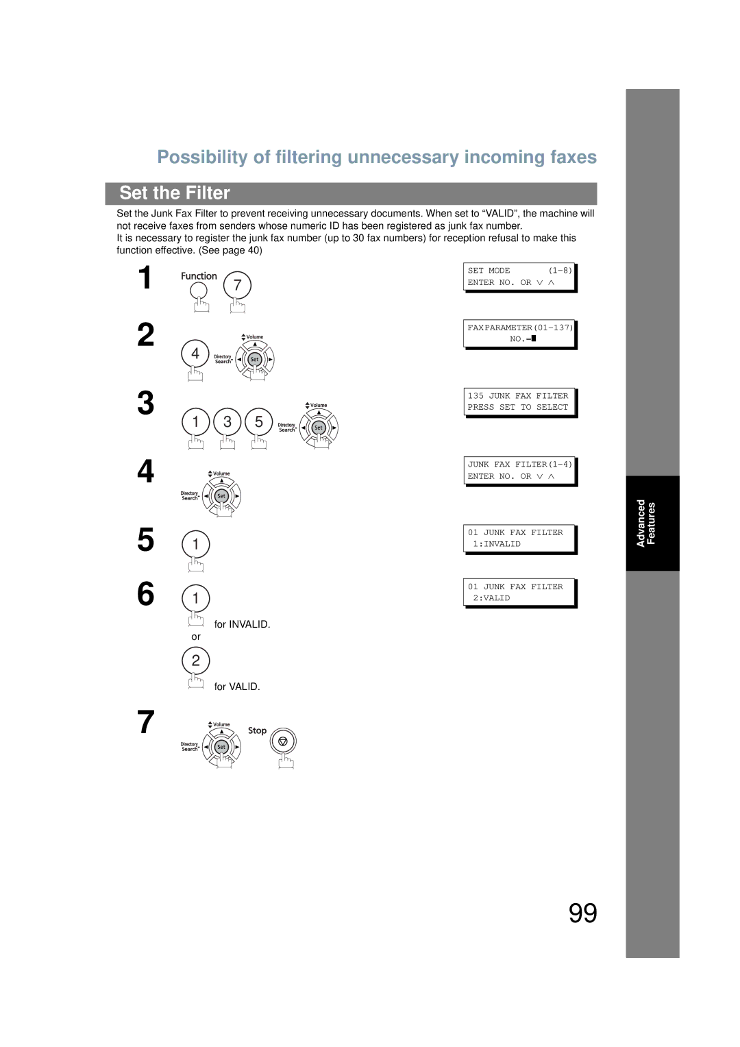 Panasonic UF-6200 operating instructions Possibility of filtering unnecessary incoming faxes, Set the Filter, For Valid 