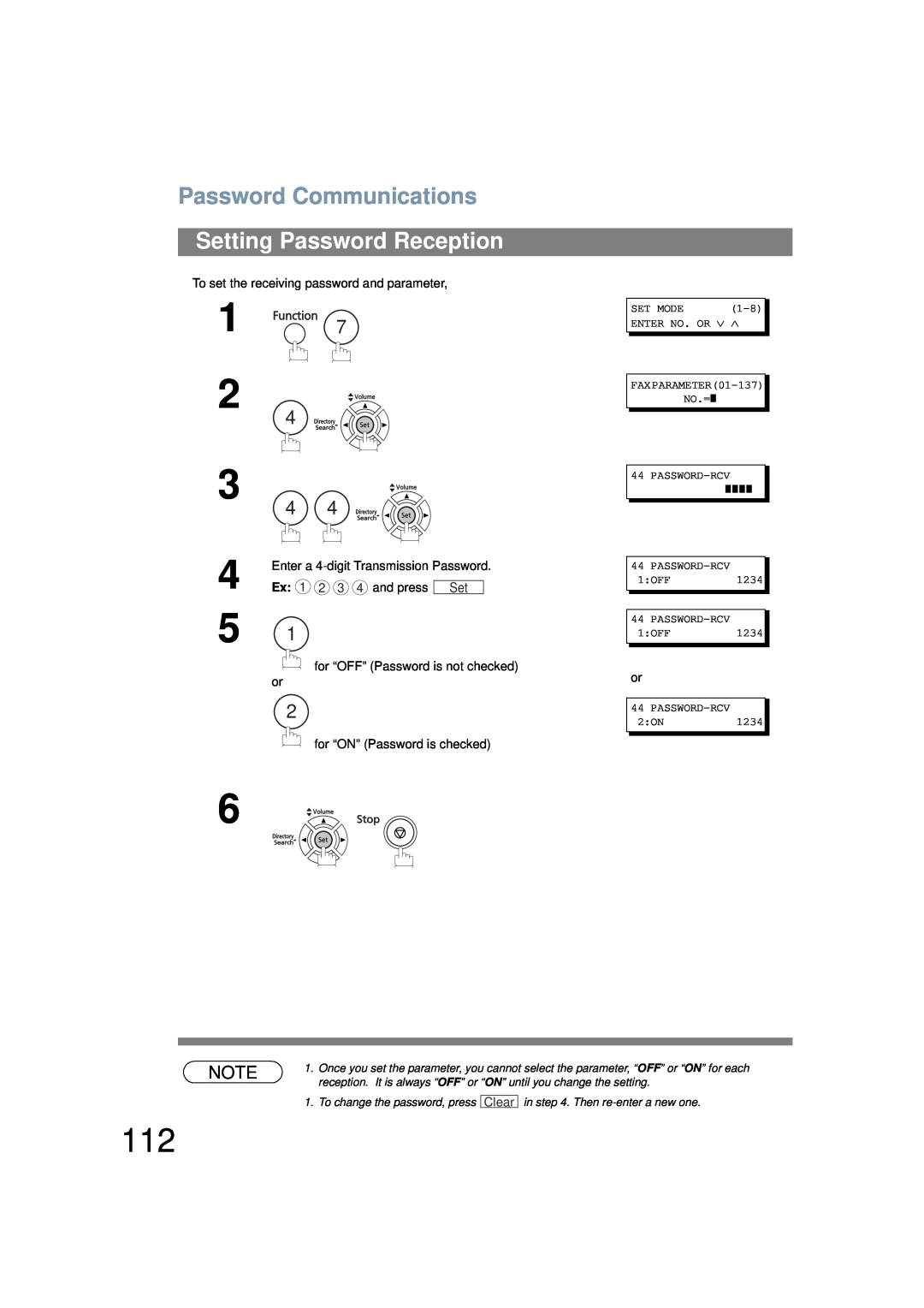 Panasonic UF-6200 operating instructions Setting Password Reception, Password Communications 