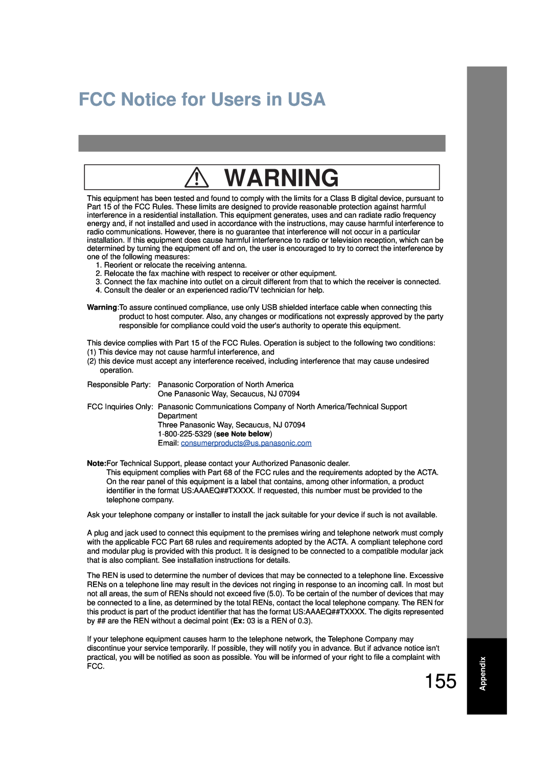 Panasonic UF-6200 operating instructions FCC Notice for Users in USA, Email consumerproducts@us.panasonic.com, Appendix 