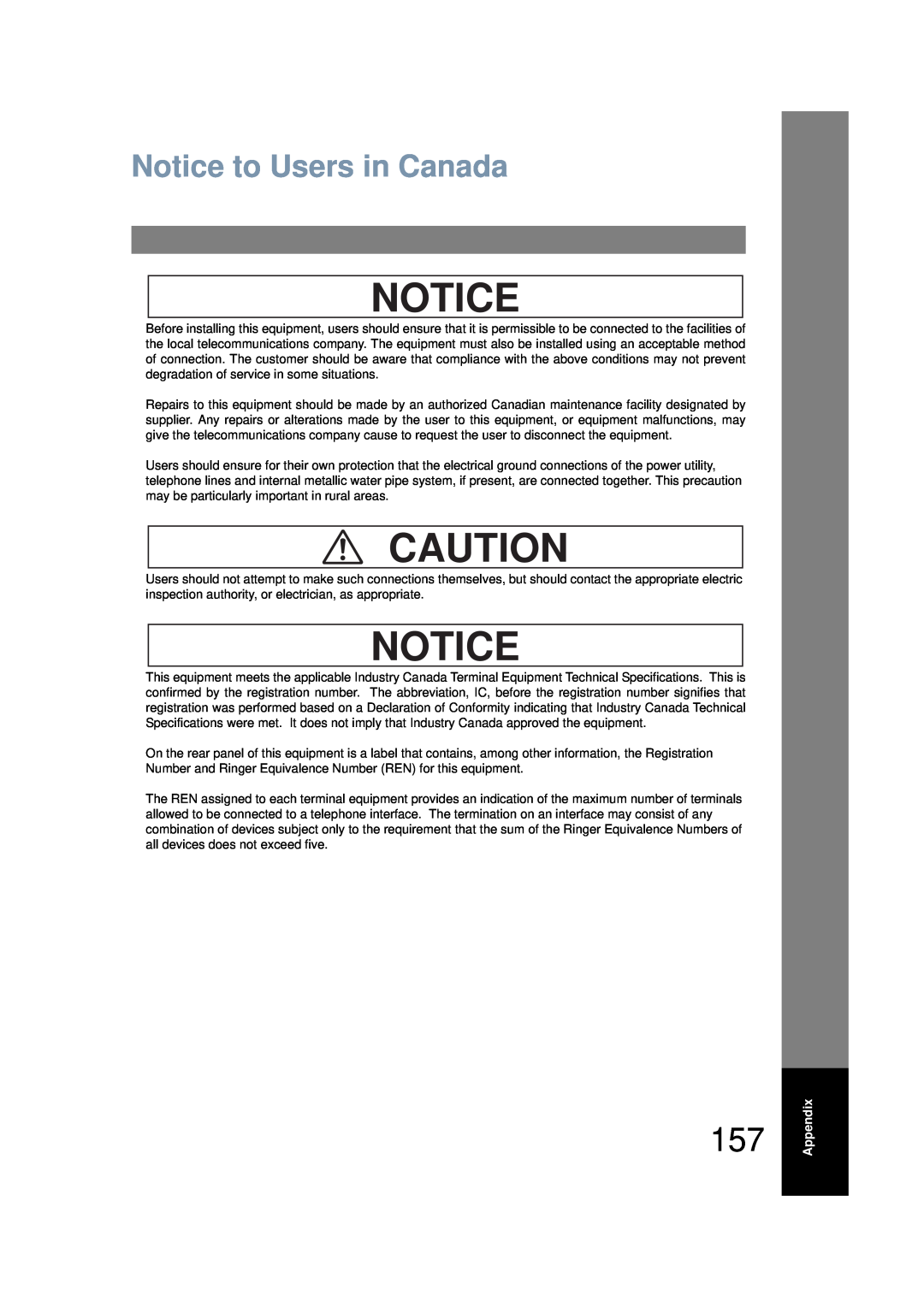 Panasonic UF-6200 operating instructions Notice to Users in Canada, Appendix 