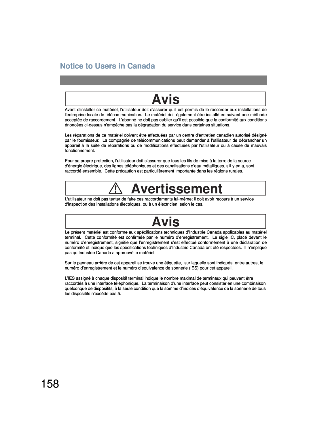 Panasonic UF-6200 operating instructions Notice to Users in Canada, Avis, Avertissement 