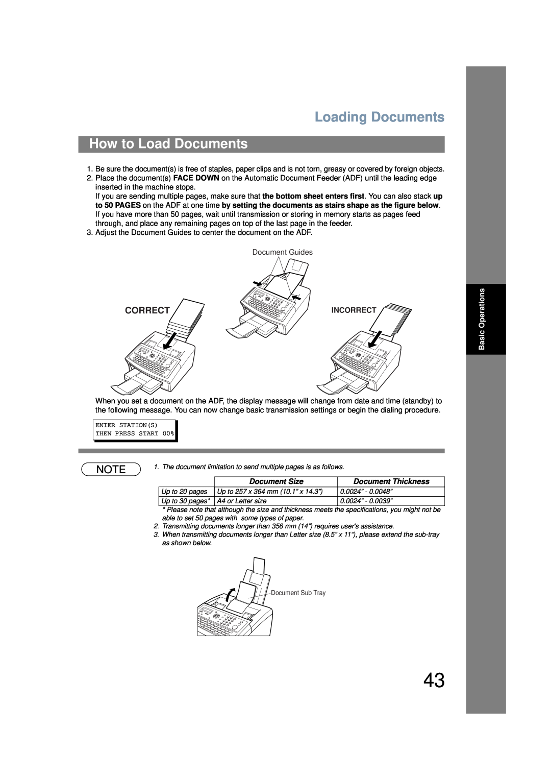 Panasonic UF-6200 Loading Documents, How to Load Documents, Correct, Incorrect, Document Size, Document Thickness 