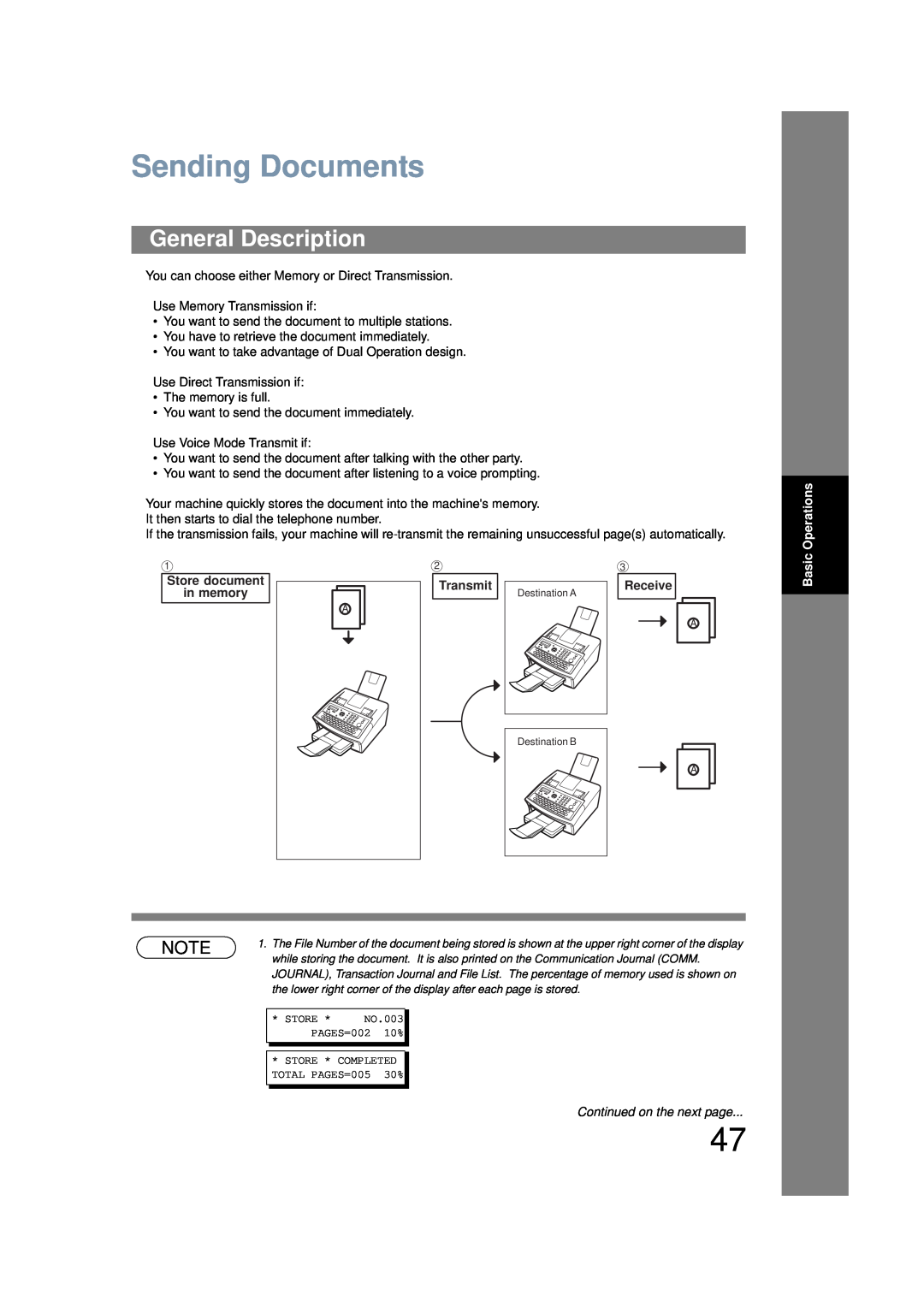 Panasonic UF-6200 Sending Documents, General Description, Operations, Store document in memory, Transmit, Receive, Basic 