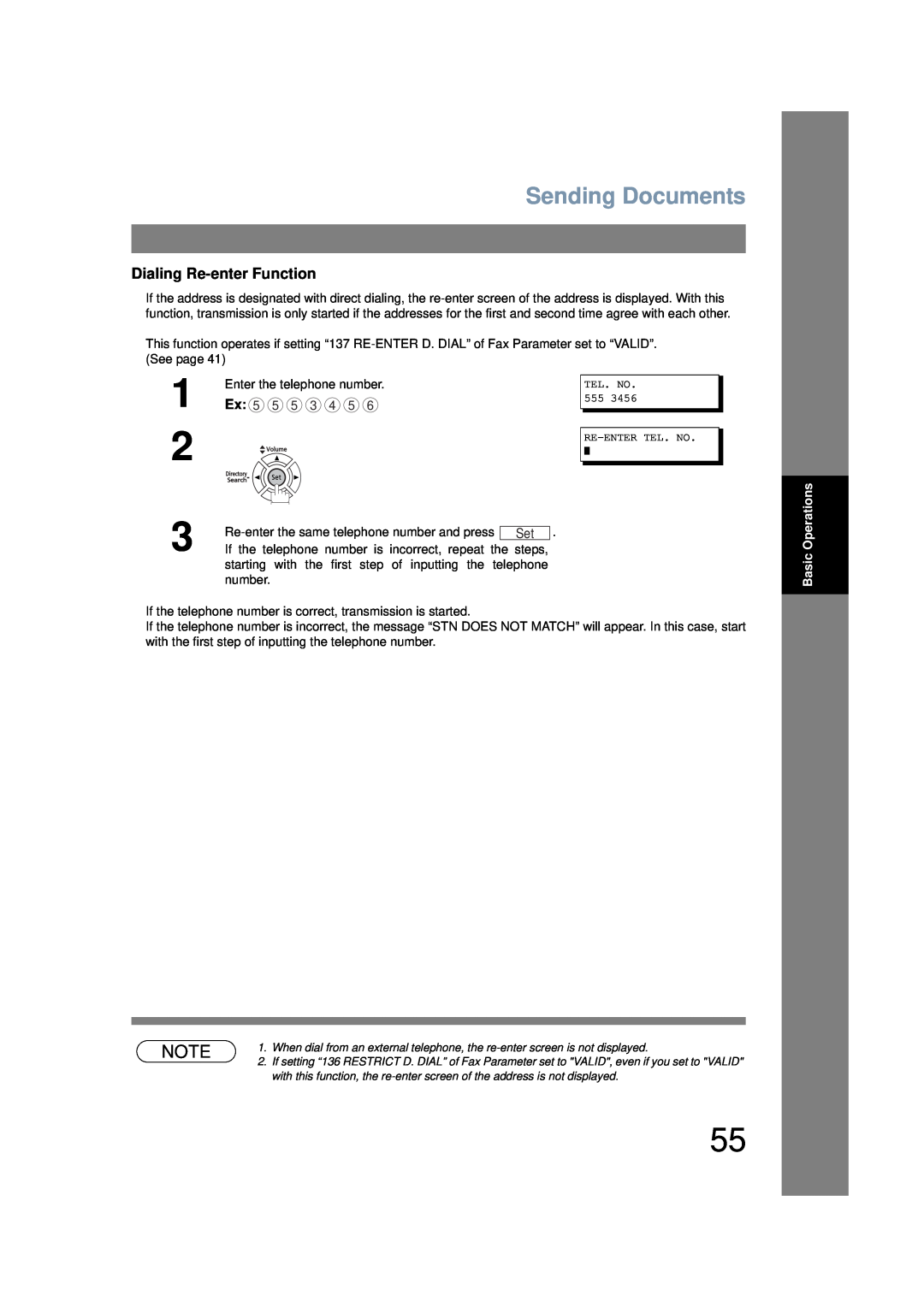 Panasonic UF-6200 operating instructions Sending Documents, Ex 5 5 5 3 4 5, Basic Operations, TEL. NO. 555 RE-ENTER TEL. NO 