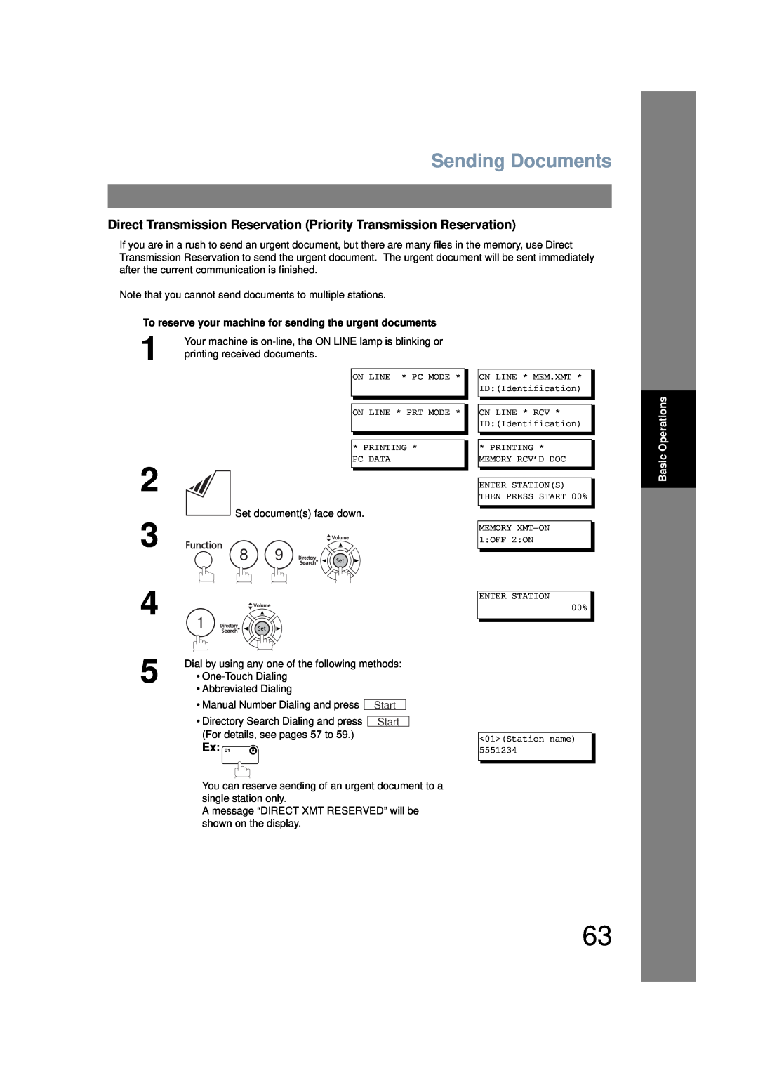 Panasonic UF-6200 Sending Documents, Direct Transmission Reservation Priority Transmission Reservation, Basic Operations 