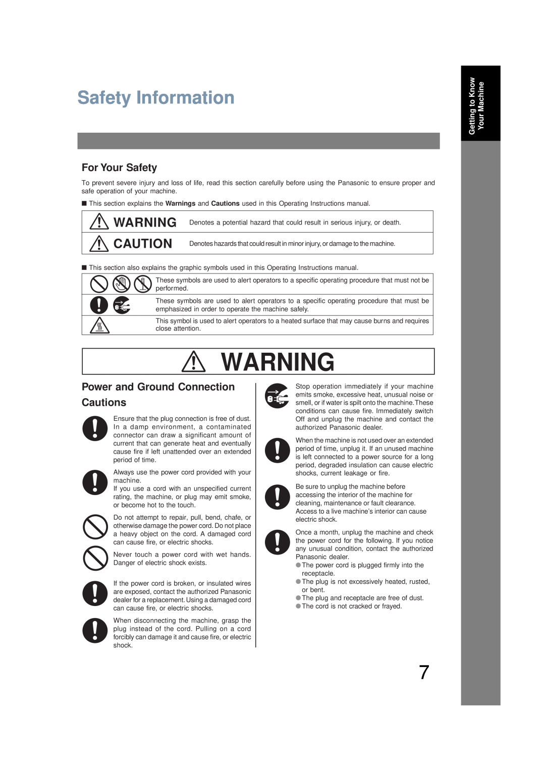 Panasonic UF-6200 Safety Information, For Your Safety, Power and Ground Connection Cautions, Getting to Know Your Machine 