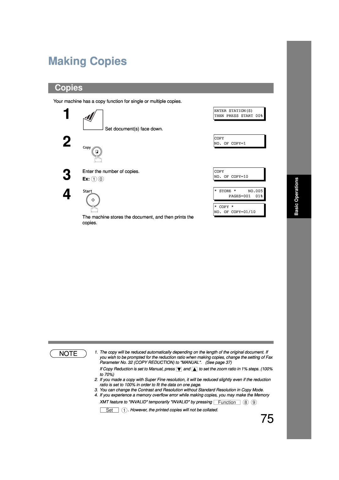 Panasonic UF-6200 operating instructions Making Copies, Ex 1, Basic Operations 