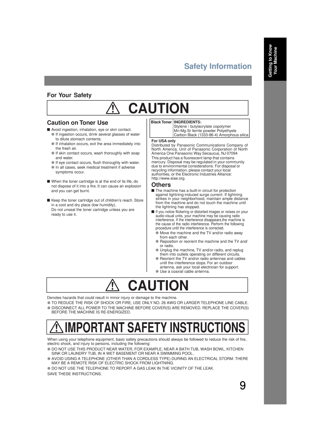 Panasonic UF-6200 Caution on Toner Use, Others, Important Safety Instructions, Safety Information, For Your Safety 