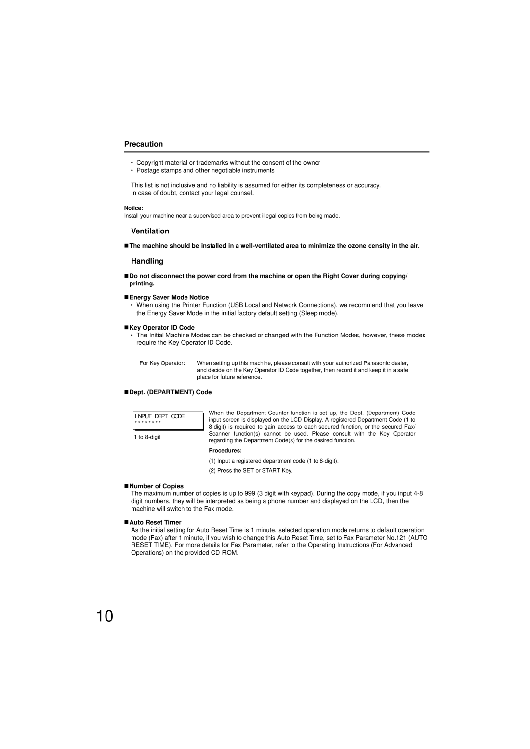 Panasonic UF-7200 manual Precaution, Ventilation, Handling 