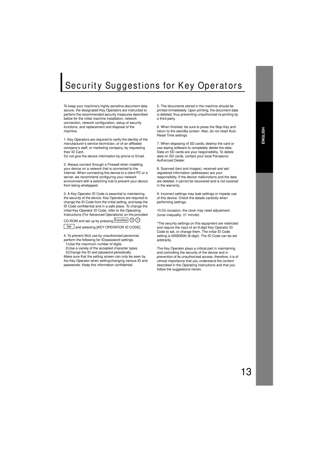 Panasonic UF-7200 manual Security Suggestions for Key Operators 