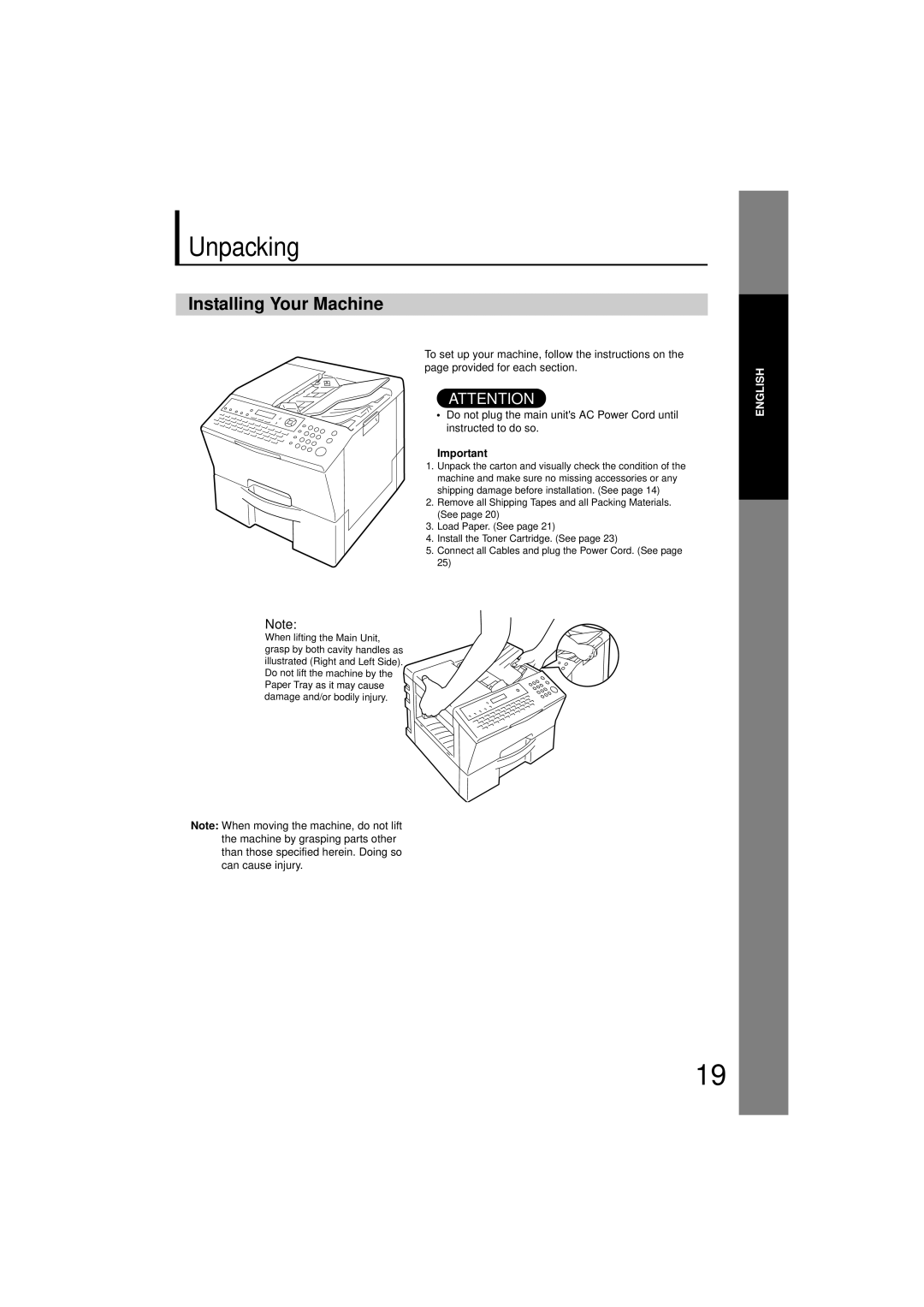 Panasonic UF-7200 manual Unpacking, Installing Your Machine 