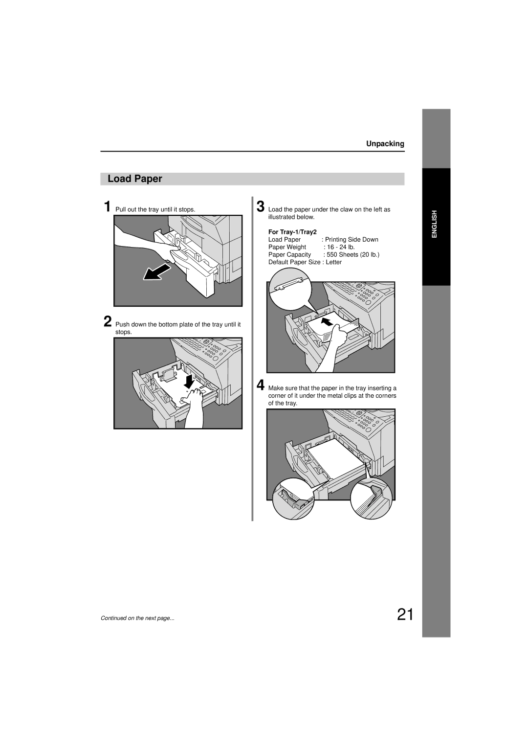 Panasonic UF-7200 manual Load Paper, Pull out the tray until it stops, For Tray-1/Tray2 