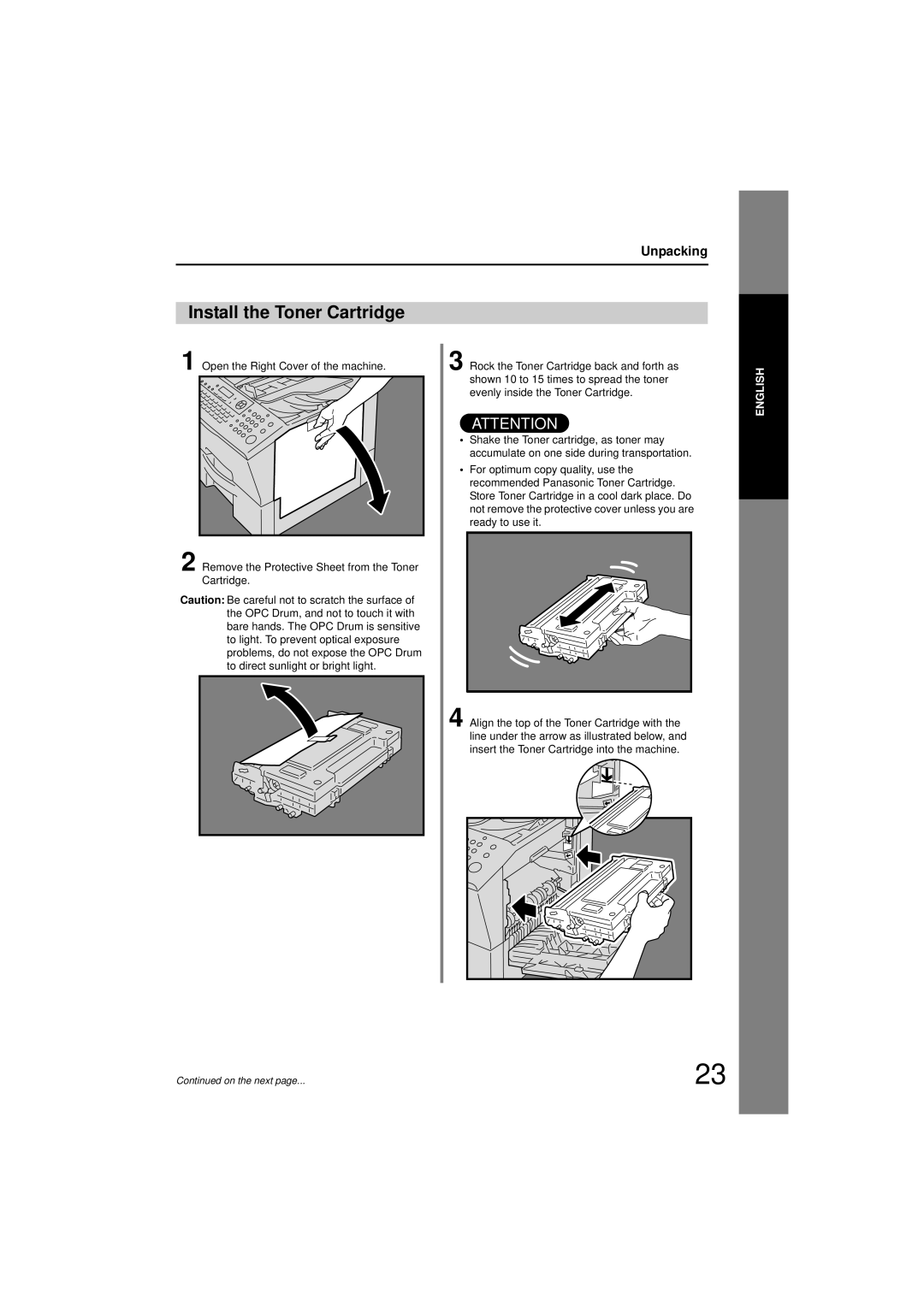 Panasonic UF-7200 manual Install the Toner Cartridge 