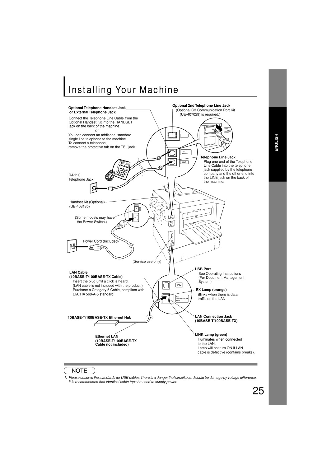 Panasonic UF-7200 manual Installing Your Machine, Optional Telephone Handset Jack or External Telephone Jack 