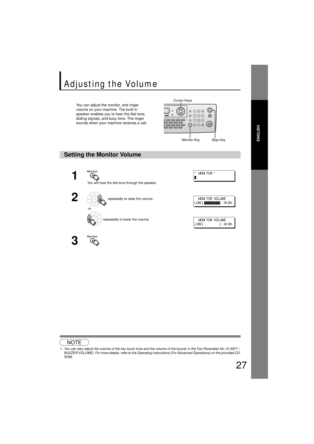 Panasonic UF-7200 manual Adjusting the Volume, Setting the Monitor Volume 