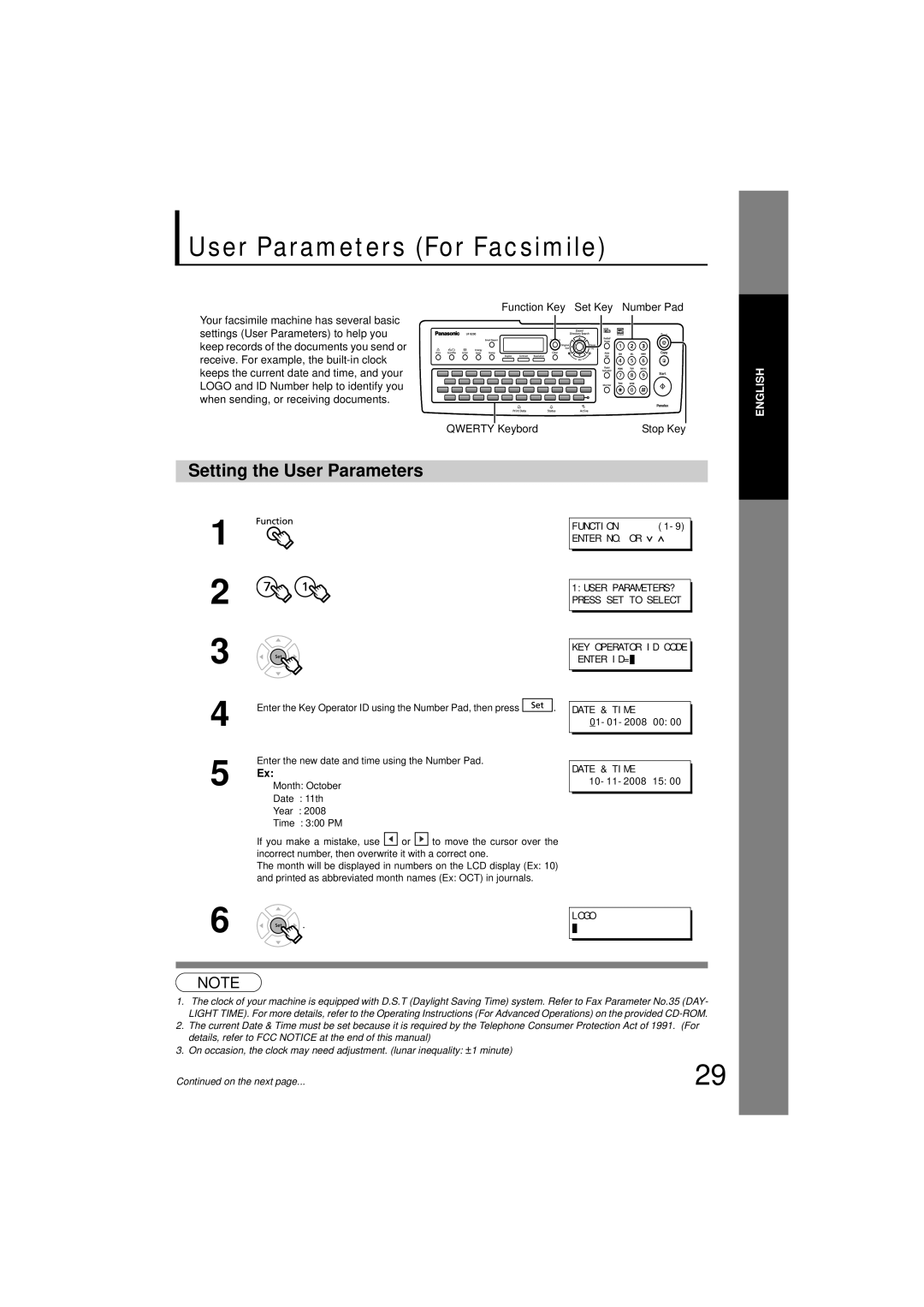 Panasonic UF-7200 manual User Parameters For Facsimile, Setting the User Parameters 