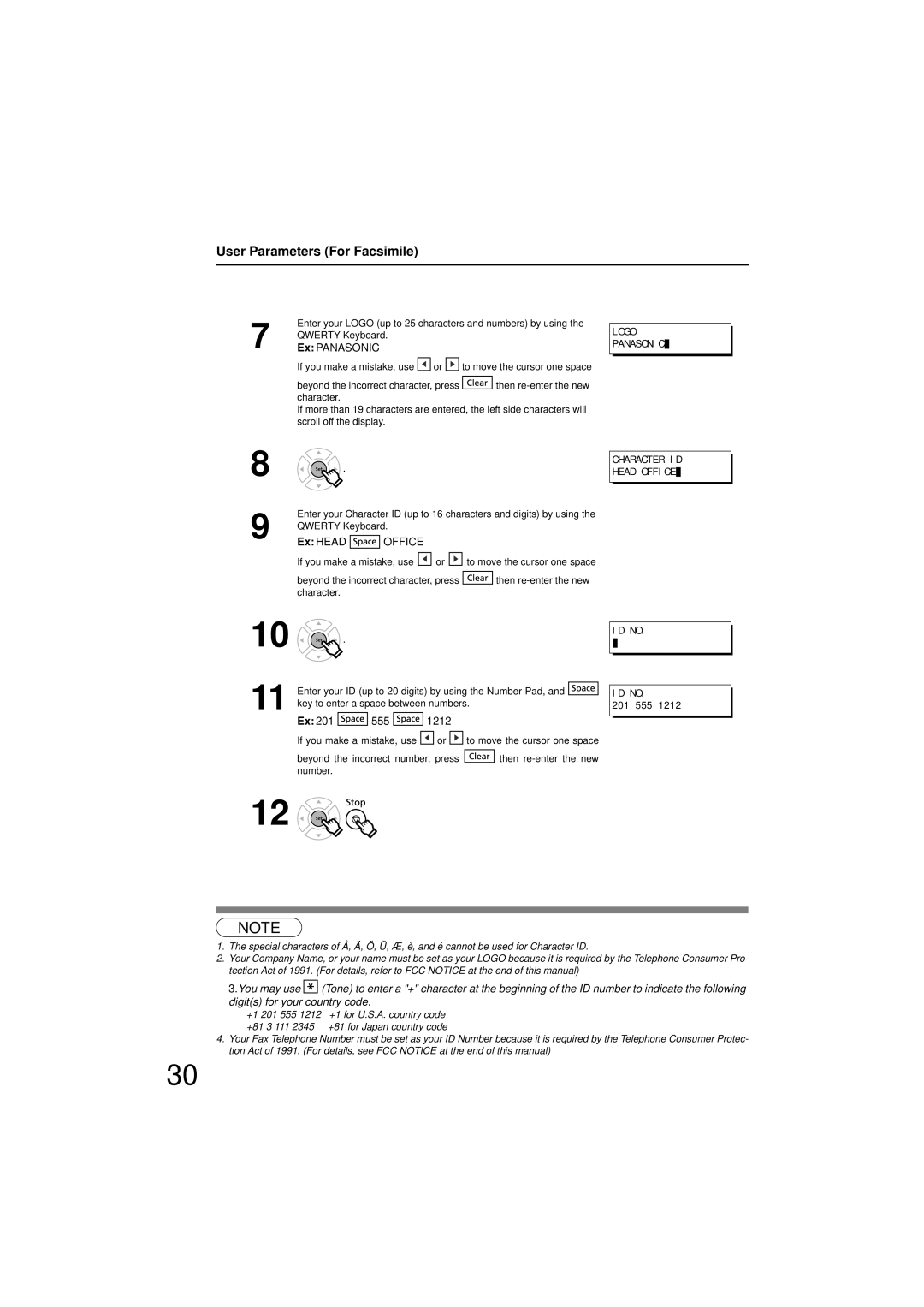 Panasonic UF-7200 manual User Parameters For Facsimile, Ex Panasonic, Ex Head Office, Ex 201 555 