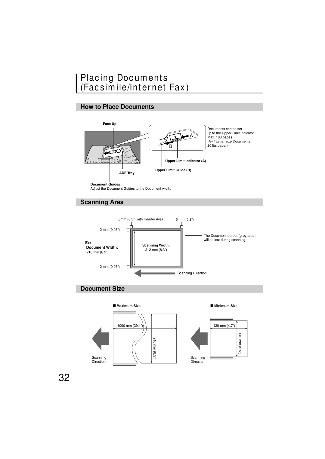 Panasonic UF-7200 manual How to Place Documents, Scanning Area, Document Size, Document Width 