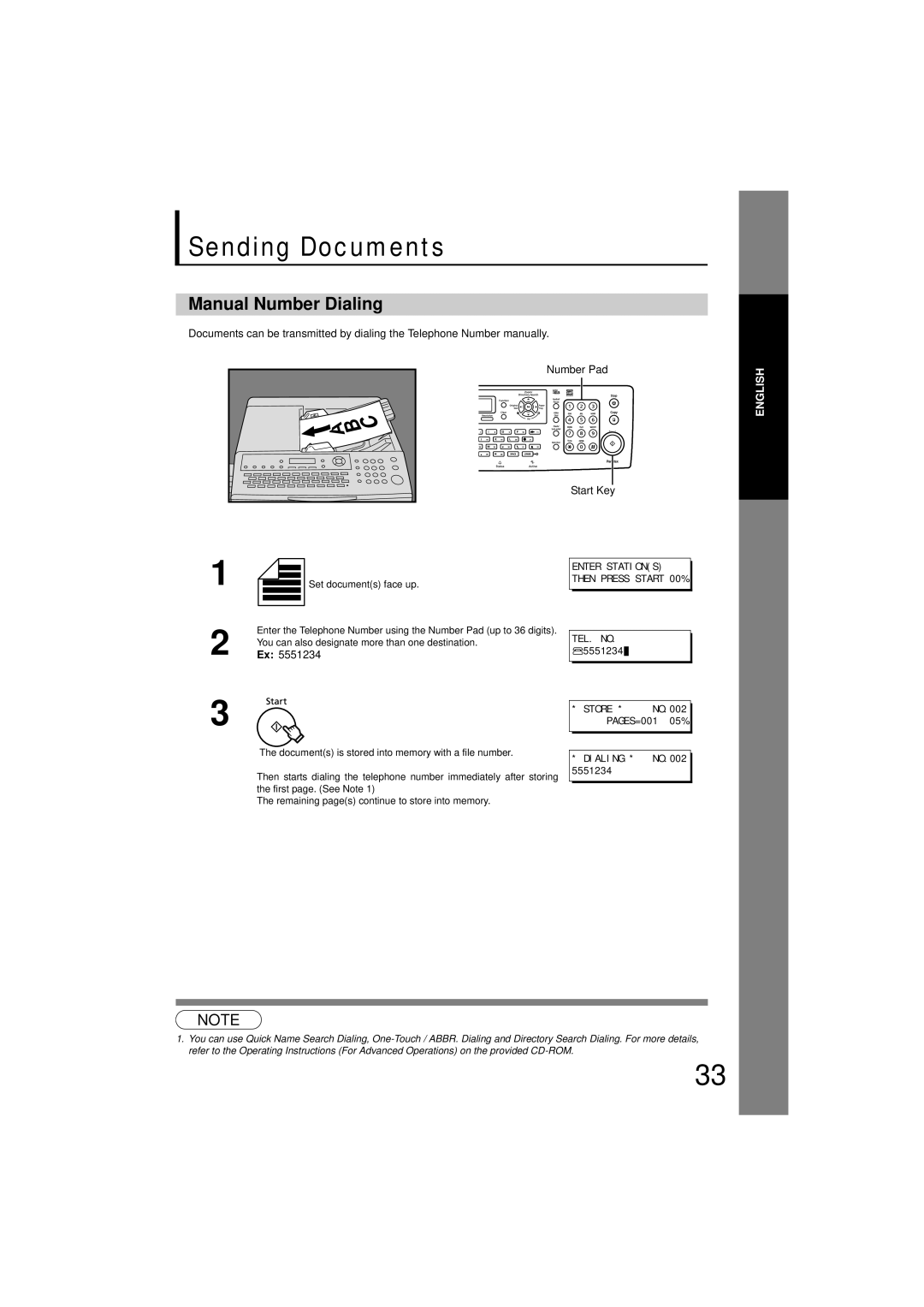 Panasonic UF-7200 manual Sending Documents, Manual Number Dialing 