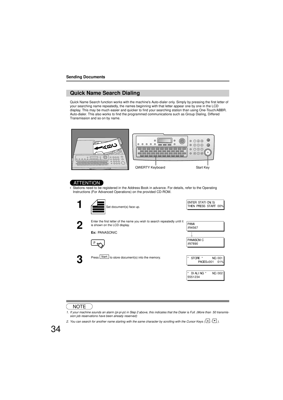 Panasonic UF-7200 manual Quick Name Search Dialing, Sending Documents 