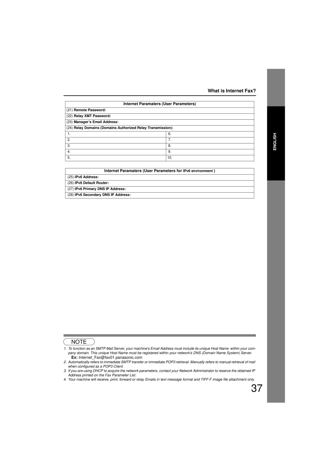 Panasonic UF-7200 manual Internet Paramaters User Parameters for IPv6 environment, Ex InternetFax@fax01.panasonic.com 