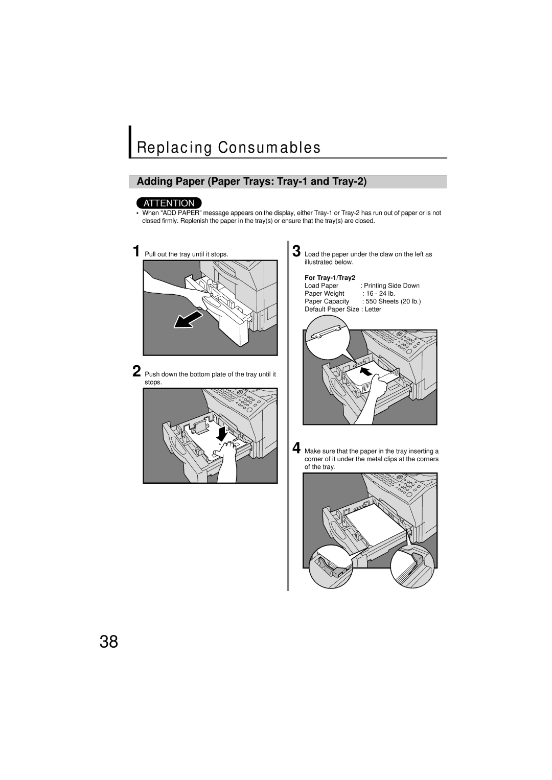 Panasonic UF-7200 manual Replacing Consumables, Adding Paper Paper Trays Tray-1 and Tray-2 