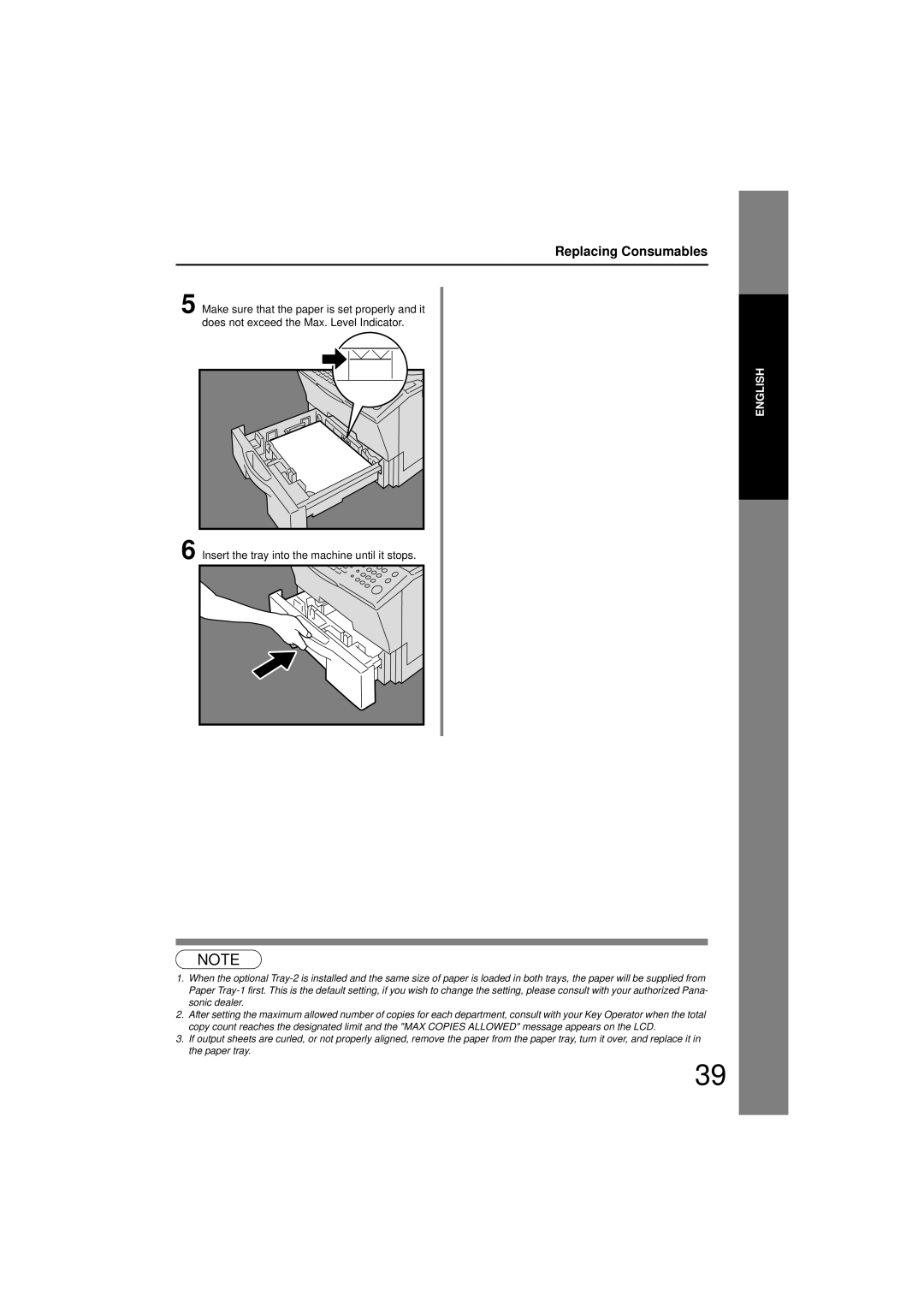 Panasonic UF-7200 manual Replacing Consumables, Insert the tray into the machine until it stops 