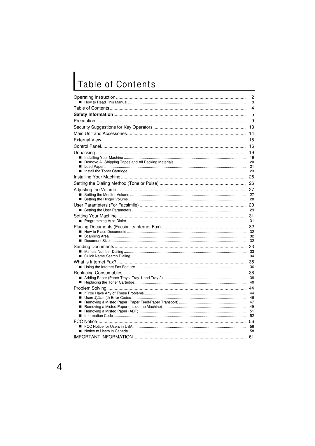 Panasonic UF-7200 manual Table of Contents 