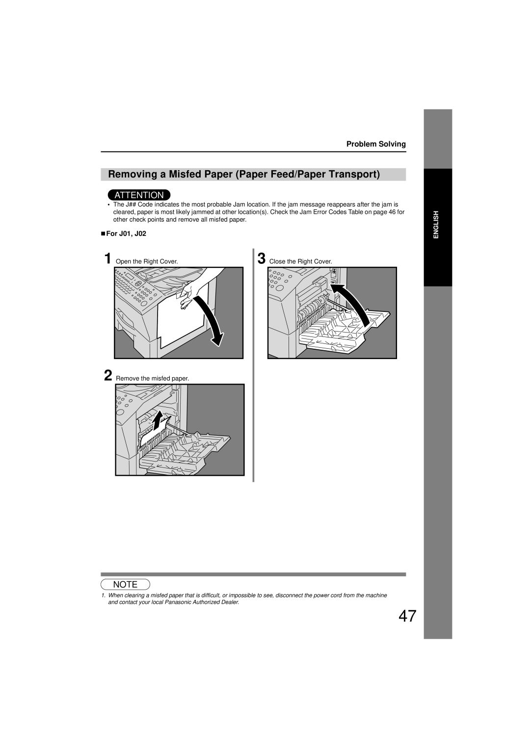 Panasonic UF-7200 manual Removing a Misfed Paper Paper Feed/Paper Transport, „For J01, J02 