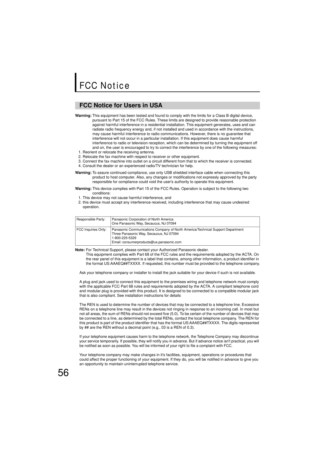 Panasonic UF-7200 manual FCC Notice for Users in USA 