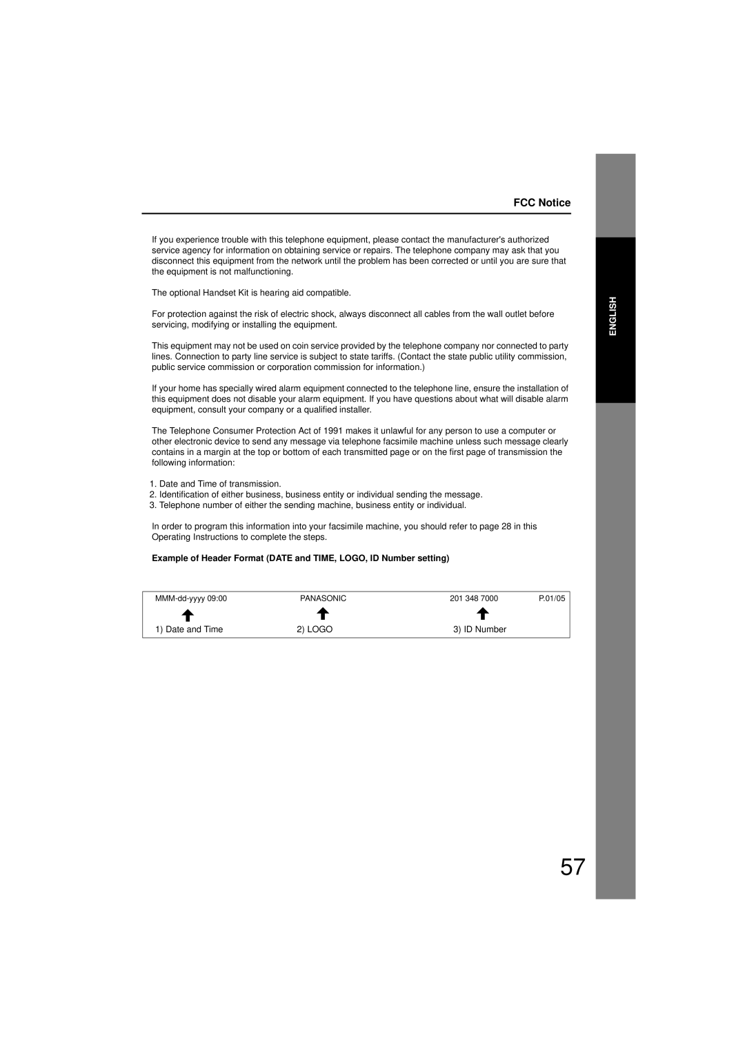 Panasonic UF-7200 manual FCC Notice, Date and Time, ID Number 