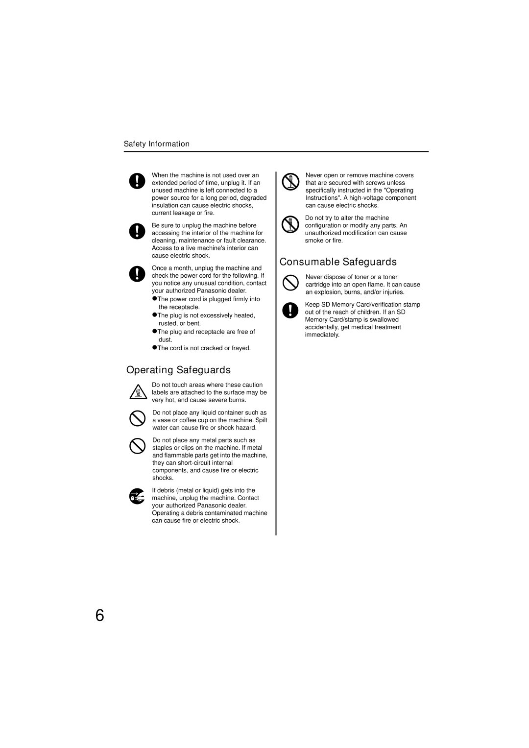 Panasonic UF-7200 manual Operating Safeguards, Consumable Safeguards, Safety Information 