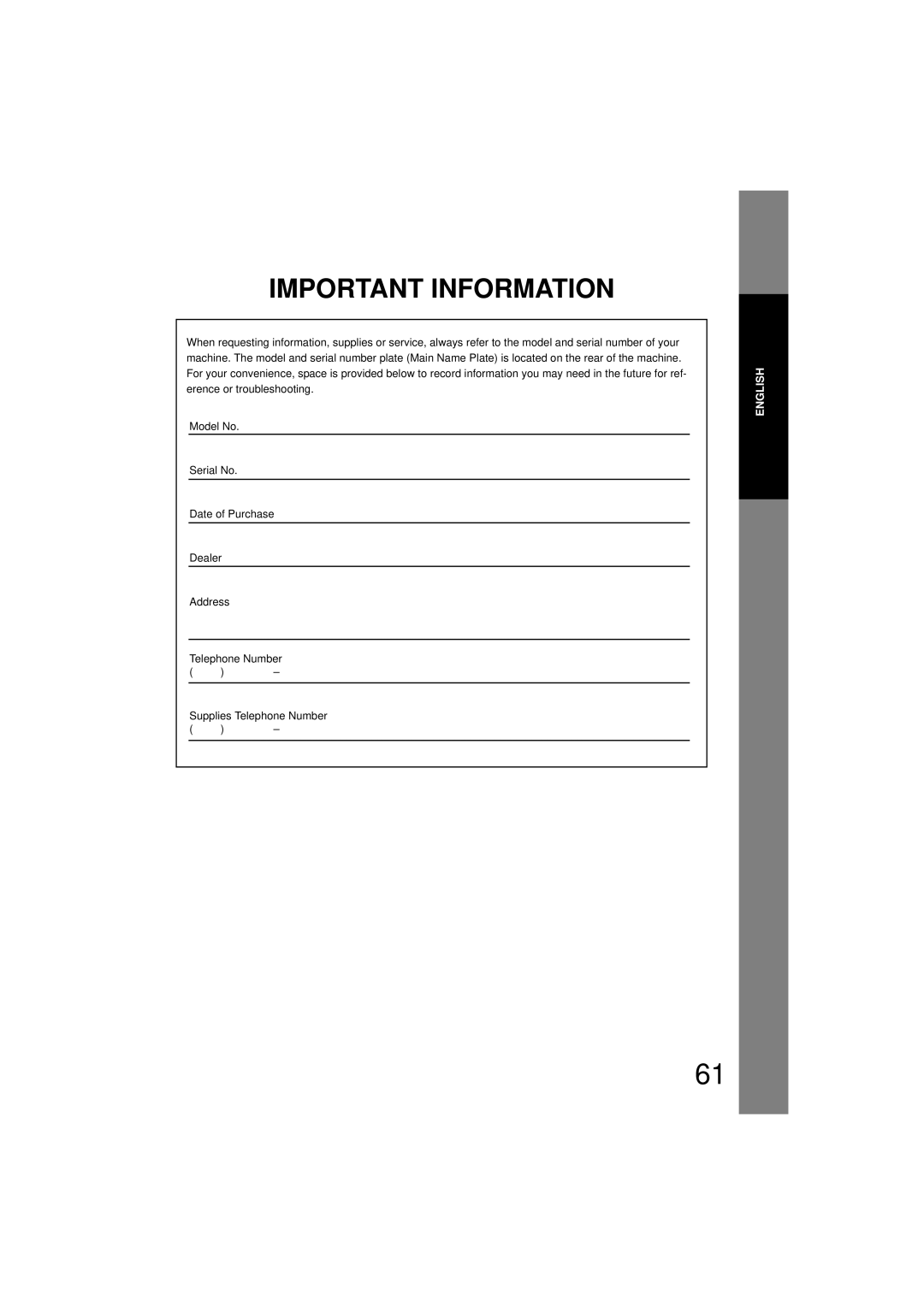 Panasonic UF-7200 manual Important Information 