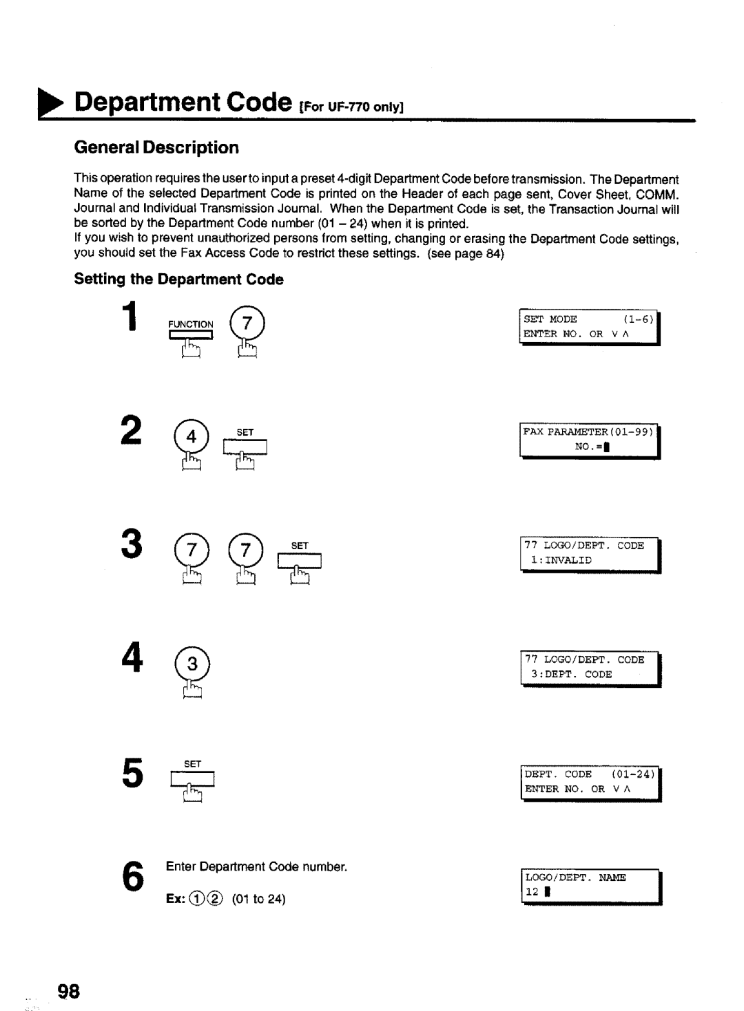 Panasonic manual Department Code tFo,UF-770only, General Description, Setting the Department Code, Sx @ 01 to 