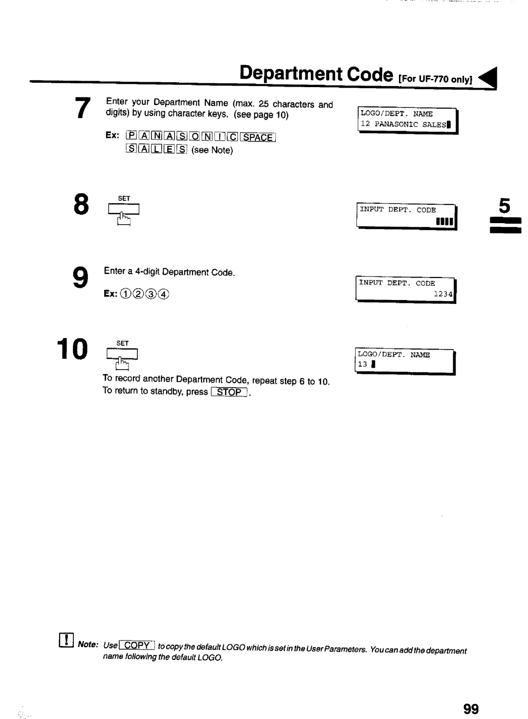 Panasonic UF-770 manual Lui, LOG0/DEPT Name, Mii, Input DEPT. Code, SET LOGO/DEPT. Name 