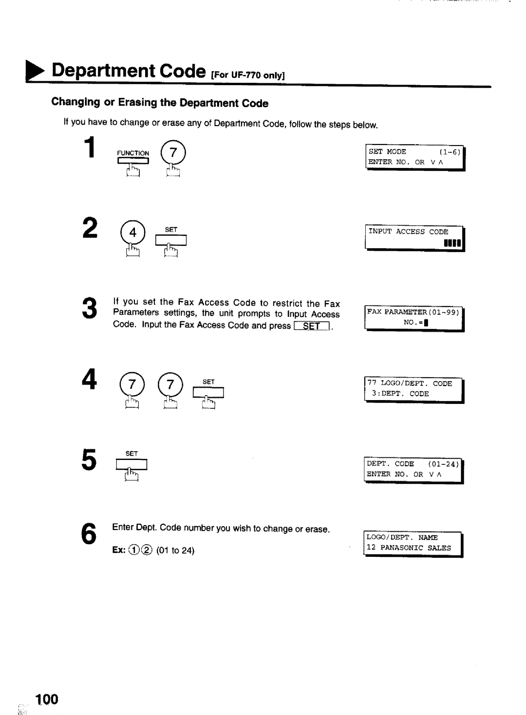 Panasonic manual Department Code ForUF-770only, Changing or Erasing the Department Code, SET Mode, Panasonic Sales 