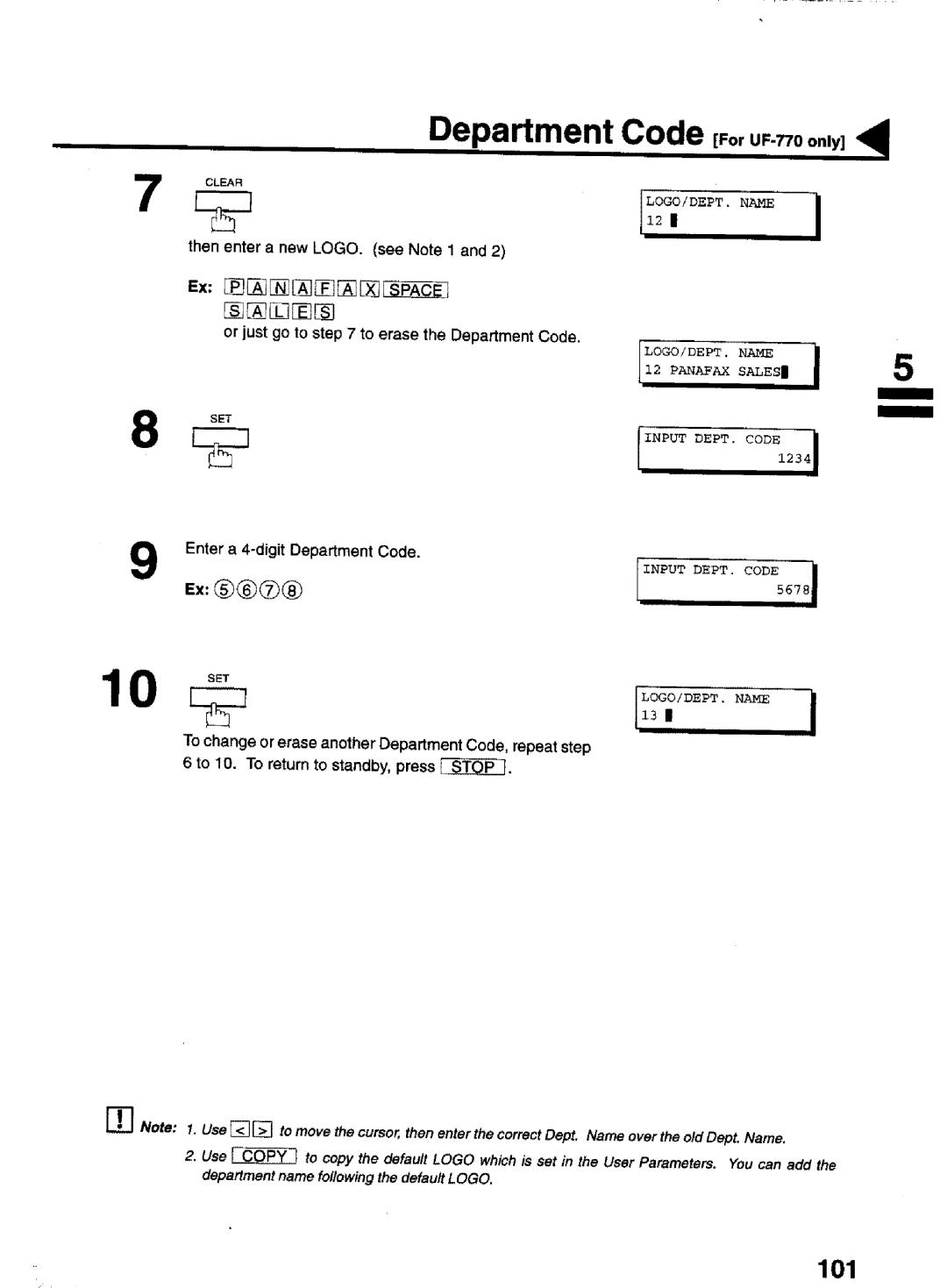 Panasonic manual 101, Department Code For UF-770 only, Or just go to to erase the Department Code, Anafax Sales 