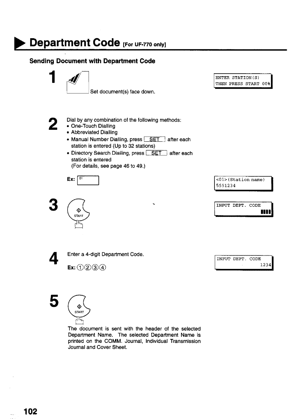 Panasonic UF-770 manual 102, Sending Document with Department Code 