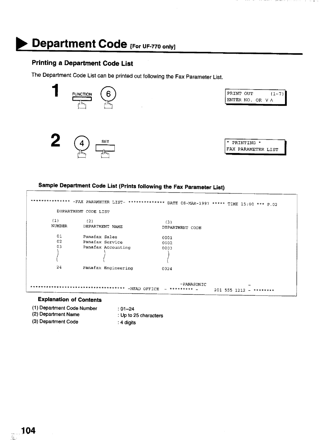 Panasonic UF-770 manual Department Code oruF.,7oon,yj, Printing a Department Code List, DepartmentName, DepartmentCode 