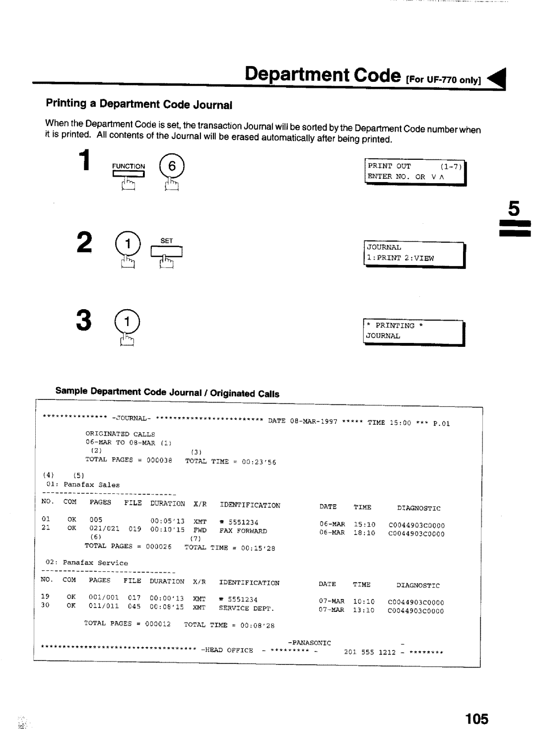 Panasonic UF-770 manual Department Code u -.oo.,yl, Printing a Department Code Journal 