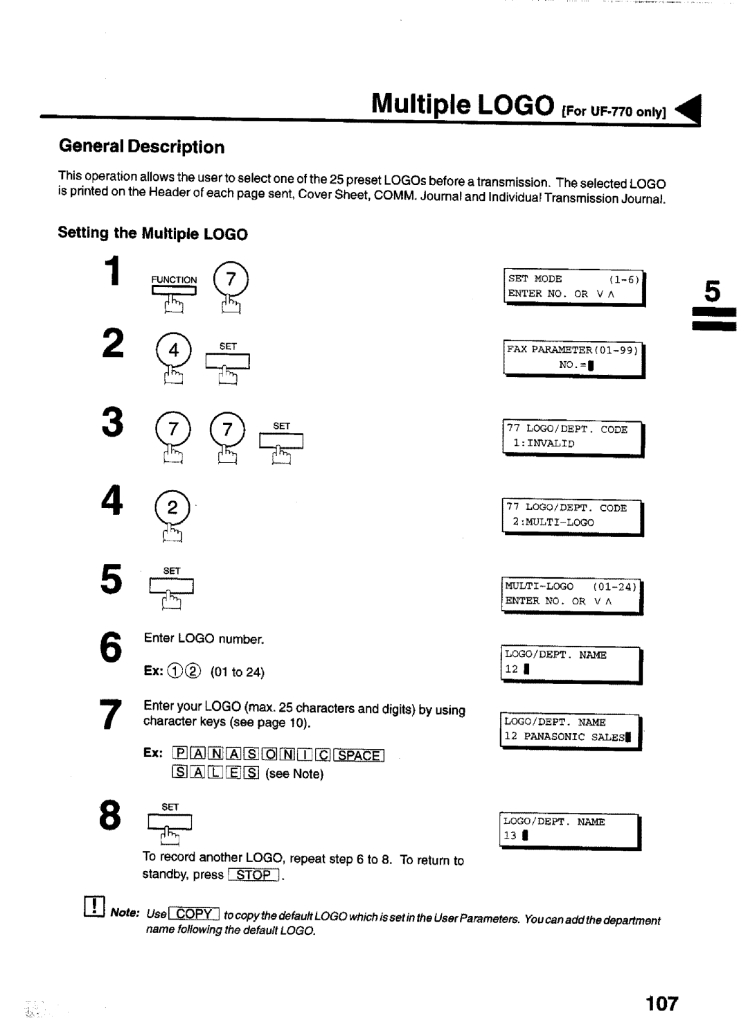 Panasonic UF-770 manual Multiple Logo ForUF.770only, 107, Setting the Multiple Logo, Enter Logo number 