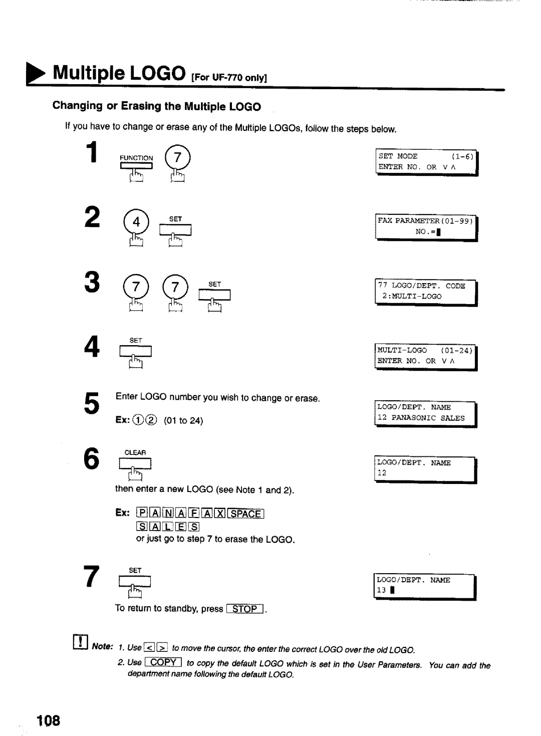 Panasonic manual Multiple Logo ForUF-770only, Changing or Erasing the Multiple Logo, Or just 9o to to erase the Logo 