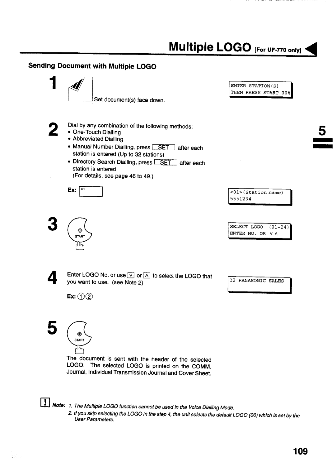 Panasonic manual 109, Sending Document with Multiple Logo, Multiple Logo For UF-770only, For details, see 