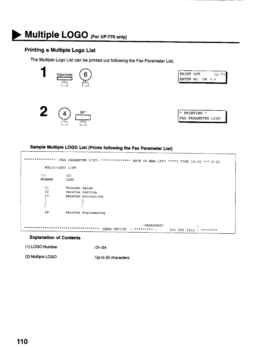 Panasonic UF-770 manual Multiple Logo to,uF-0onlyl, Printing a Multiple Logo List, Explanation Contents, 01-24 