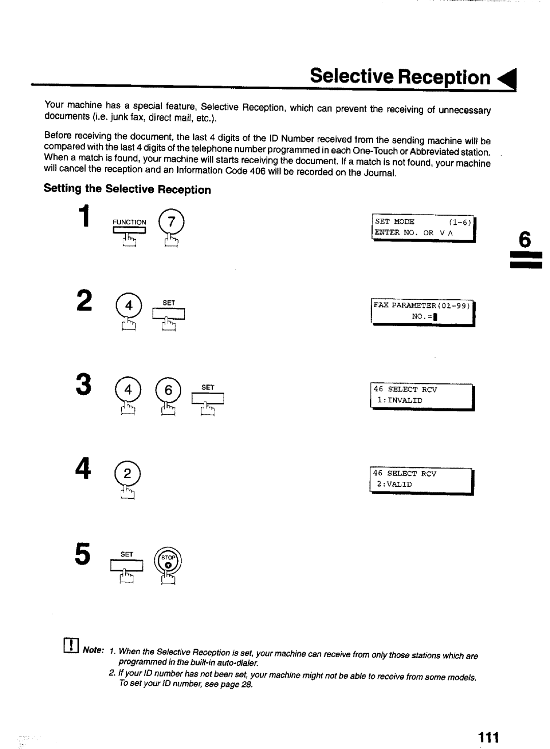 Panasonic UF-770 manual Setting the Selective Reception, Select RCV 