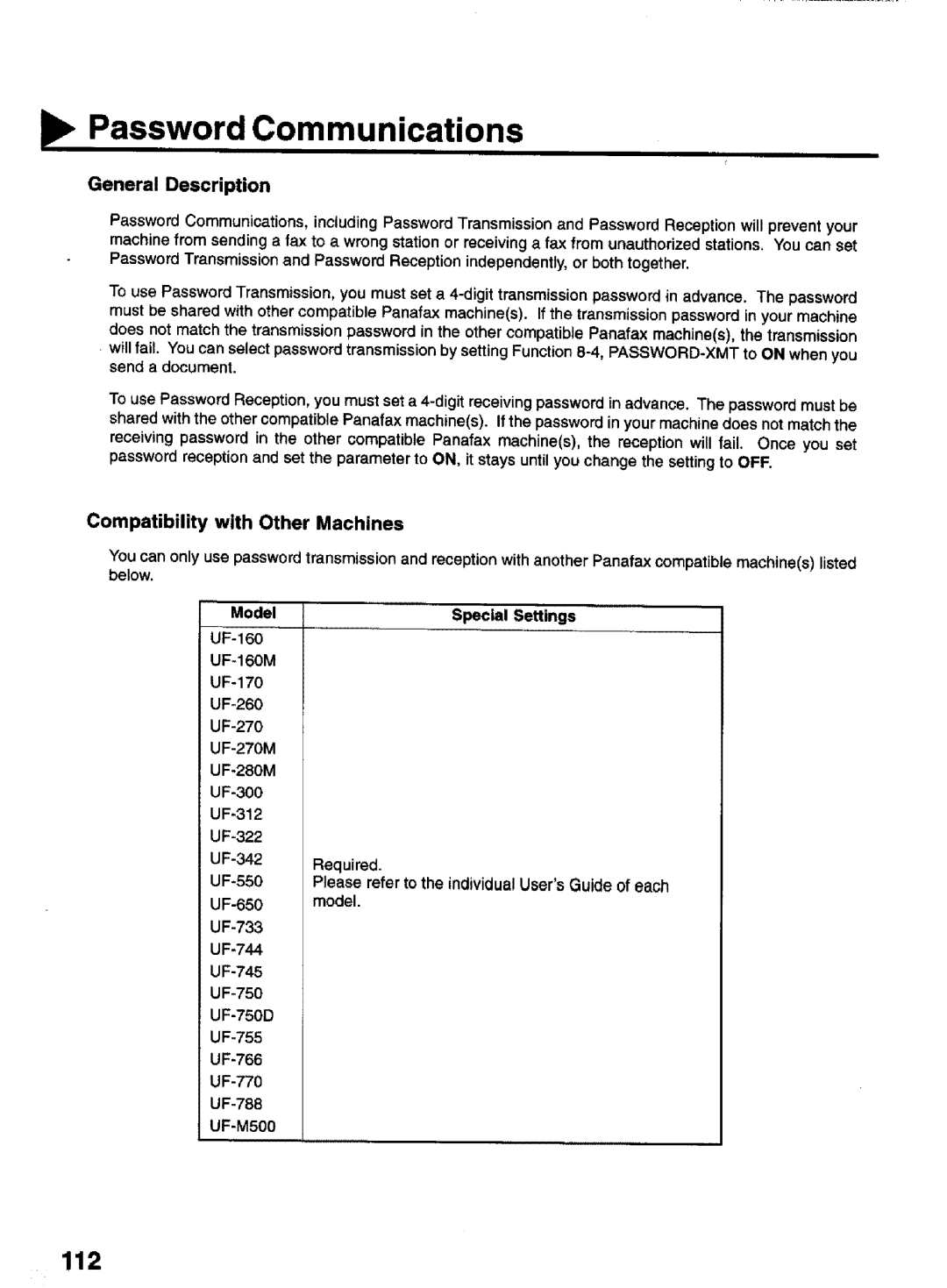 Panasonic UF-770 Password Communications, 112, Compatibility with Other Machines, UF-280M UF-300 UF-312 UF-322 UF-342 