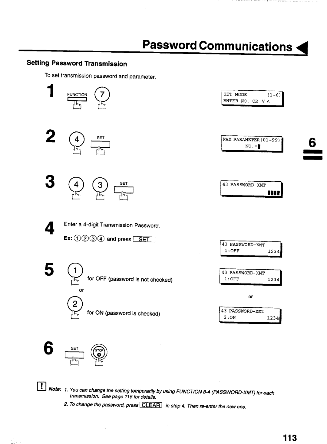 Panasonic UF-770 Password Communications l, 113, 61i, Setting Password Transmission, Enter a 4+digit Transmission Password 